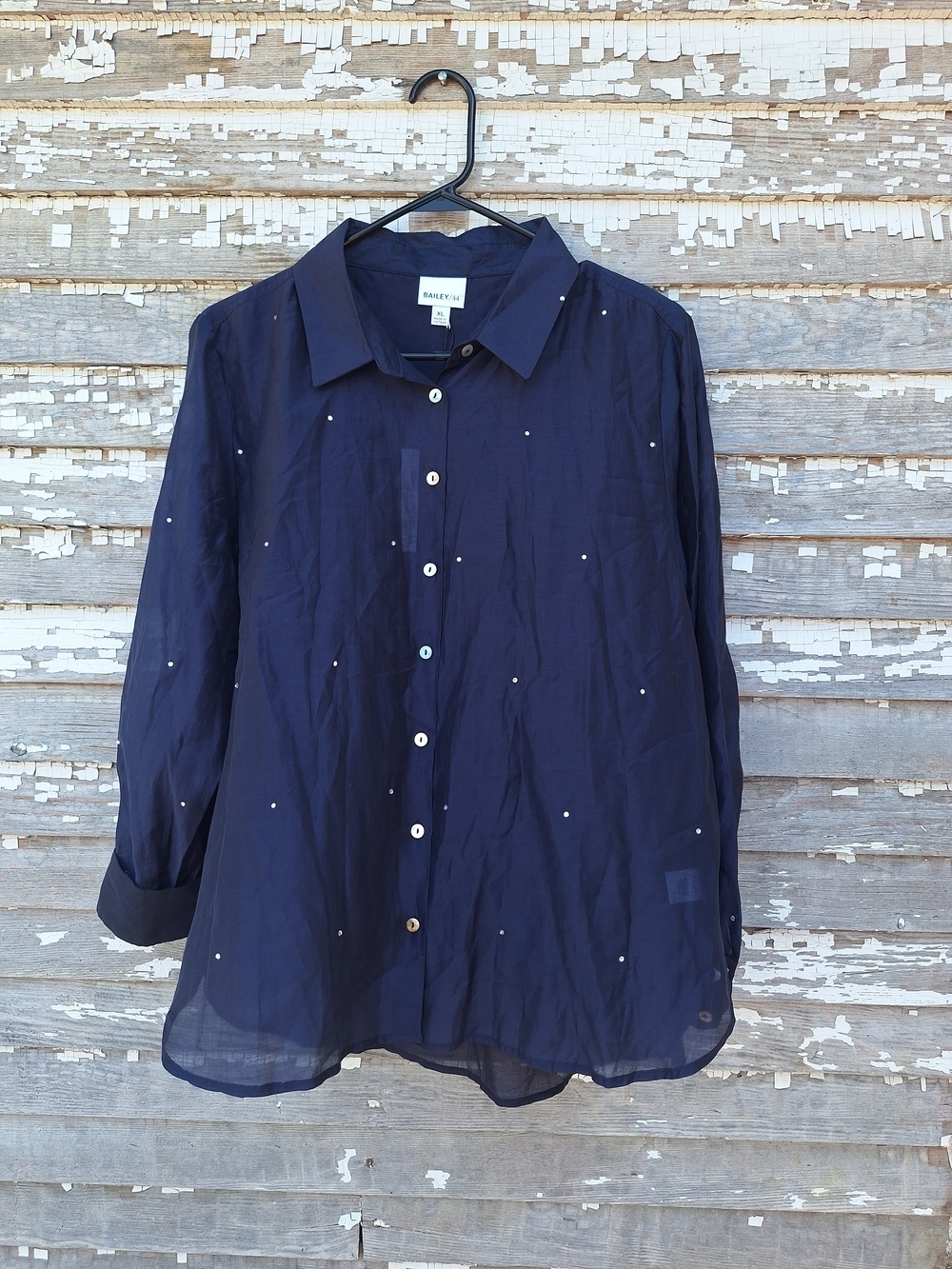 Bailey 44 Navy Sheer Button-Up Blouse with Embellishments Size XL NWT